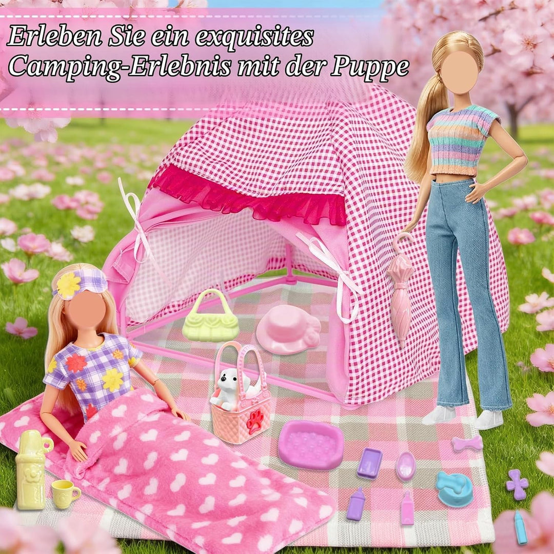 28 Stück PuppenKleidung Camping Sets Kompatibel mit Barbie, 11.5 Inch Puppe Zubehör 1 Puppenzelt 1 P
