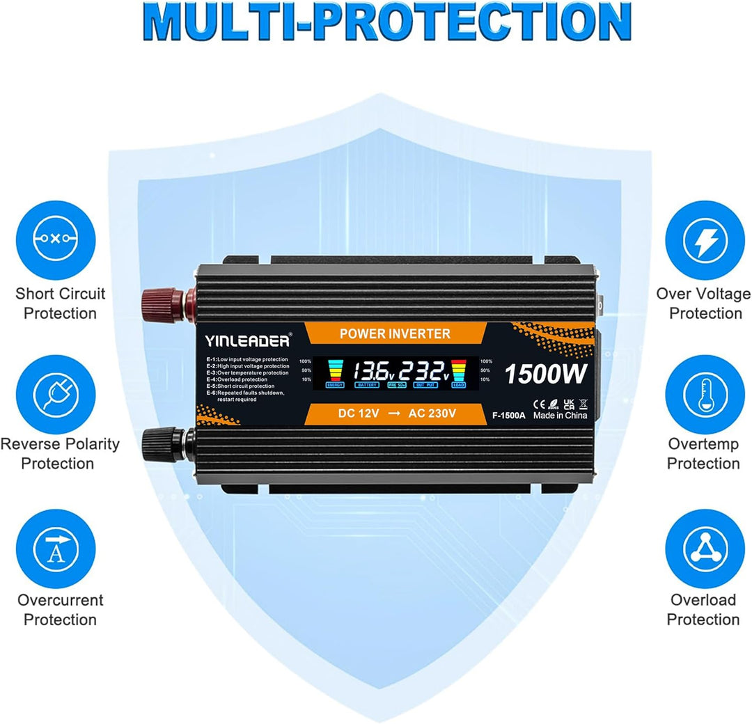 Spannungswandler 12V 230V 1500W Wechselrichter Grosses Display Stromwandler 12 auf 230 Inverter