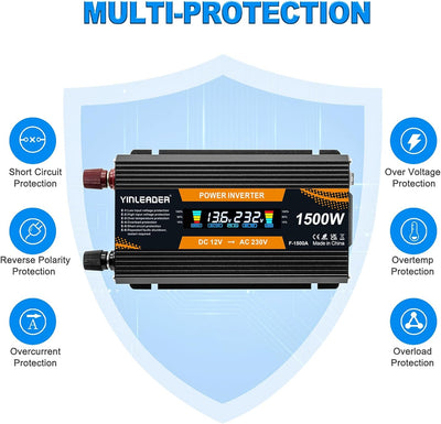Spannungswandler 12V 230V 1500W Wechselrichter Grosses Display Stromwandler 12 auf 230 Inverter
