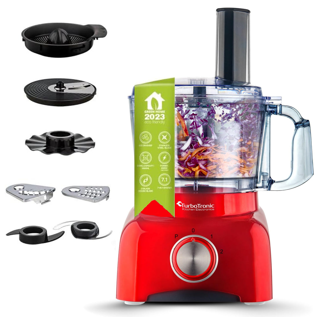 TurboTronic Food Processor 1,2L schwarz, rot, Küchenmaschine mit Mixaufsatz, Raspelscheiben,
