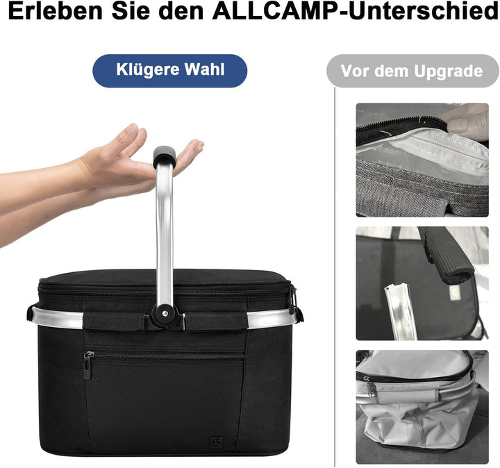 ALLCAMP 22L Einkaufskörbe Gross Isolierkorb Kühlkorb Kühltasche Picknickkorb Thermotasche Kühltasche