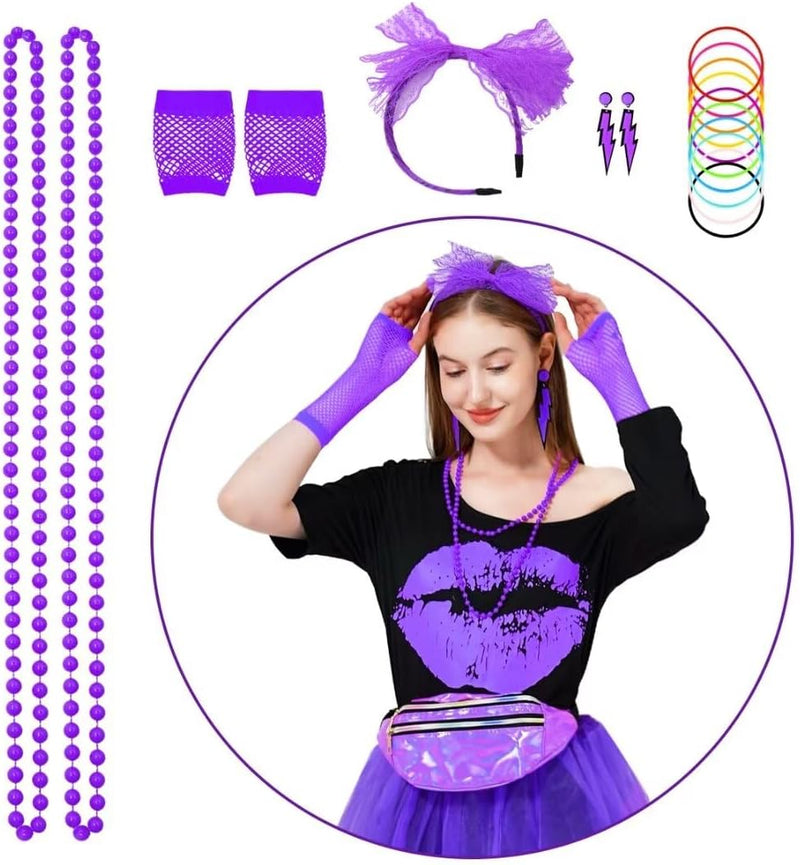 80er Jahre Outfit Damen Set, T-Shirt, Tutu, Gürteltasche, Stirnband, Ohrring, Halskette, Netzhandsch