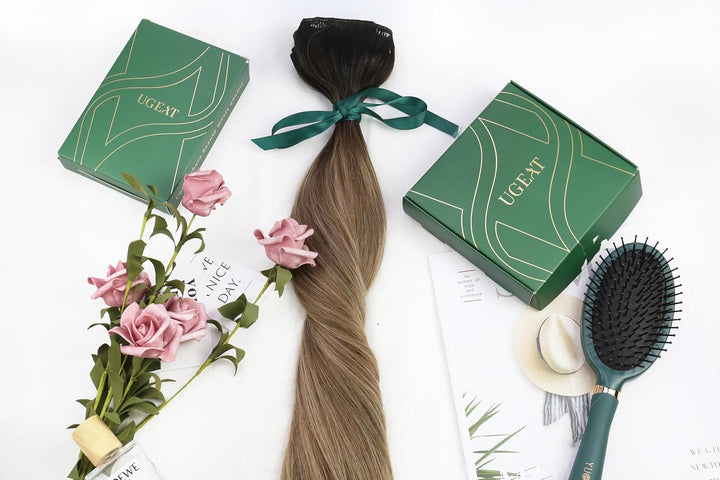 Clip in Extensions Echthaar Balayage Haar, Ugeat Dunkelstes Braun to Mittel Braun Clip Hair Extensio