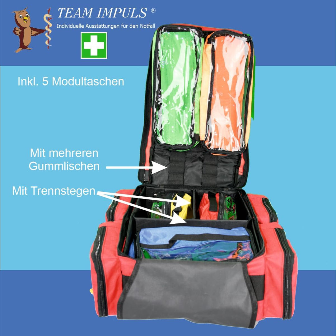Team Impuls - Notfallrucksack - rot - Nylon - LEER - mit 4 Aussentaschen - Gr. L