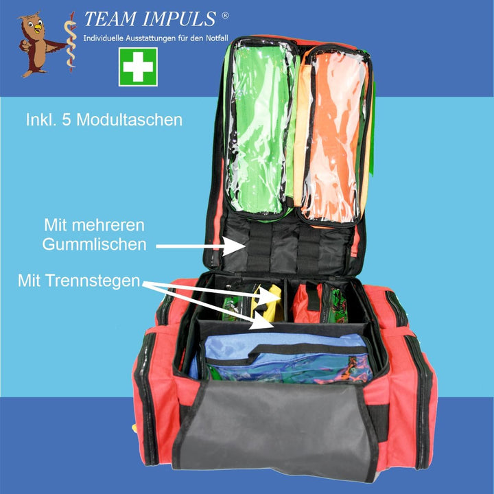 Team Impuls - Notfallrucksack - rot - Nylon - LEER - mit 4 Aussentaschen - Gr. L