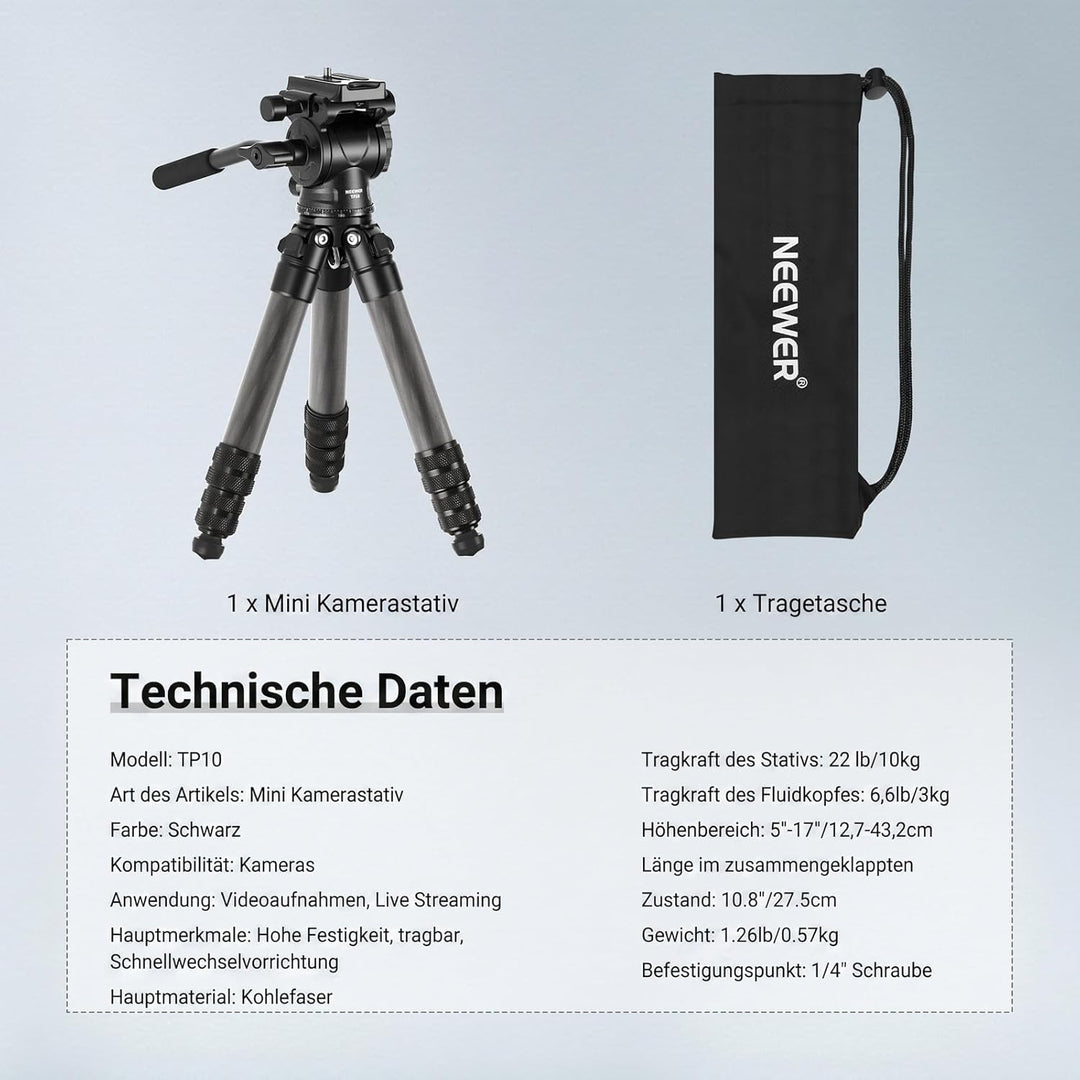 NEEWER Carbonfaser Tisch Kamera Mini Stativ tragbares Tischstativ Reisestativ für unterwegs mit Flui
