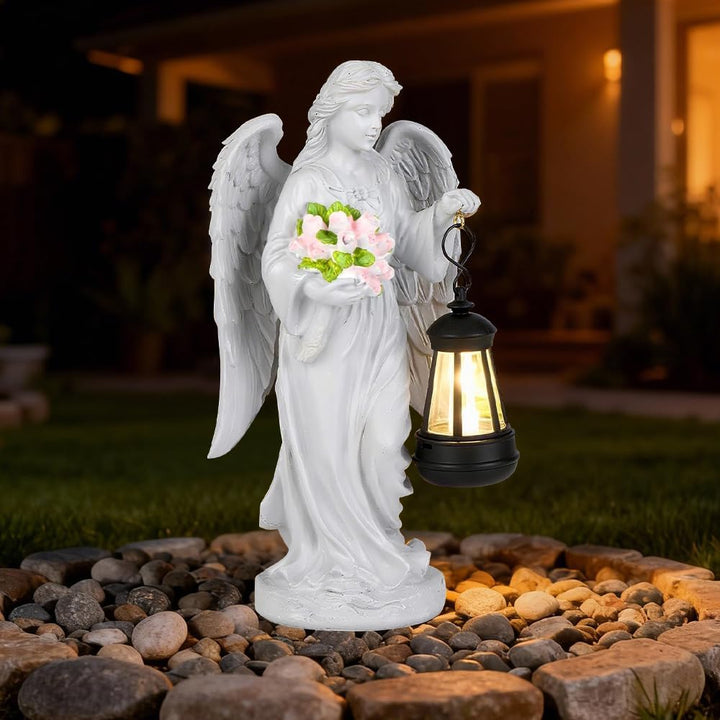 Solar Engel Gartenstatuen, Grablicht Outdoor-Deko, LED Fairy Engel Figur, Engels Skulptur Deko Rasen