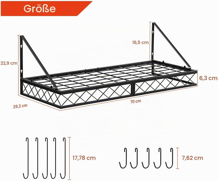 Bomclap Küchenregal Pfannenhalter, Eisen Küchenregal Hängend Topf-Rack mit 10 Haken, Küchenwand Rega
