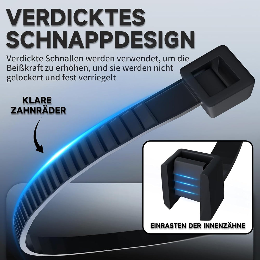 ZENIX Kabelbinder Schwarz 4.8mm x 200mm, 1100 Stück Kabelbinder UV Beständig lang, Schwarze Binder m