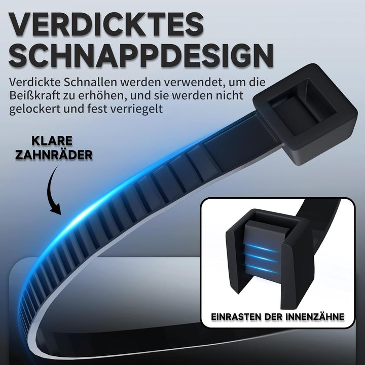 ZENIX Kabelbinder Schwarz 4.8mm x 200mm, 1100 Stück Kabelbinder UV Beständig lang, Schwarze Binder m