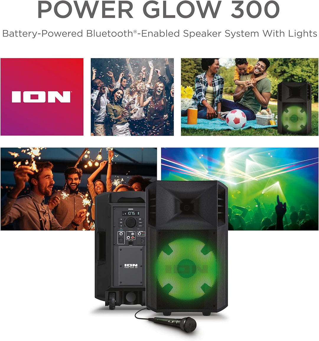 ION Audio Power Glow – 300-Watt Bluetooth-Lautsprecher mit Karaoke-Mikrofon, Lichtern, Multikanal-Mi