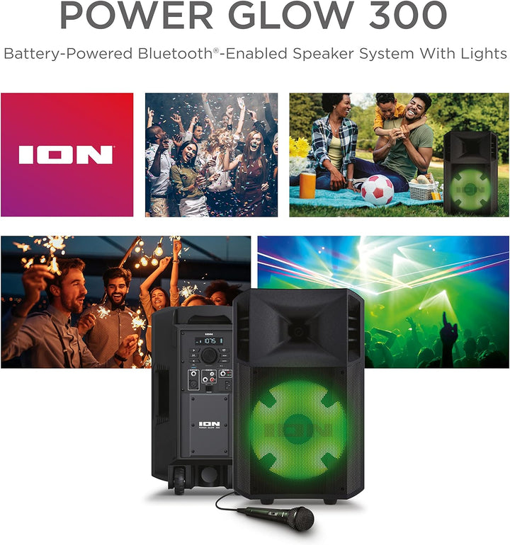 ION Audio Power Glow – 300-Watt Bluetooth-Lautsprecher mit Karaoke-Mikrofon, Lichtern, Multikanal-Mi