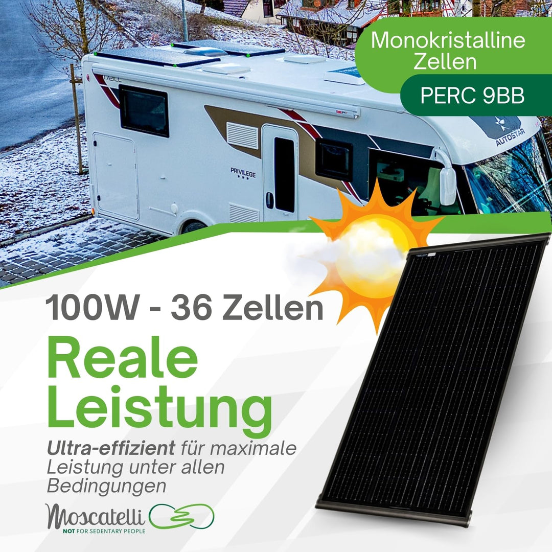 MOSCATELLI Camping Solaranlage Black Boost Komplettset 100W Monokristallin Solar Panel für Wohnmobil