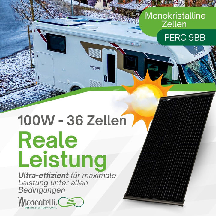 MOSCATELLI Camping Solaranlage Black Boost Komplettset 100W Monokristallin Solar Panel für Wohnmobil