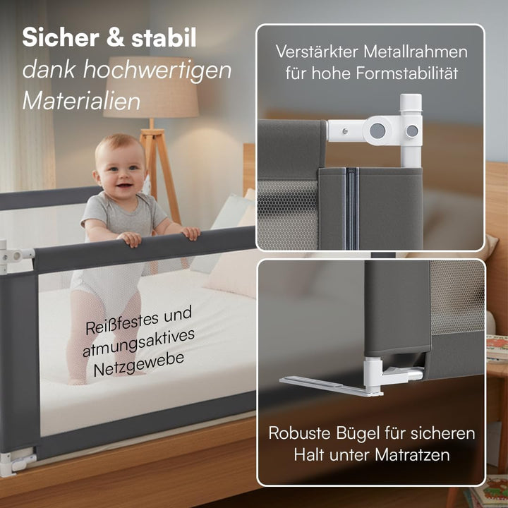 BELLABINO Drina Rausfallschutz – Bettschutzgitter 150 cm Dunkelgrau – Bettgitter höhenverstellbar 69