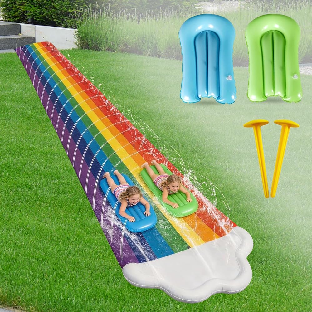 Wasserrutsche Garten Für Kinder, 480x140 cm Doppelrutsche Mit Eingebautem Sprinkler, Double Water Sl