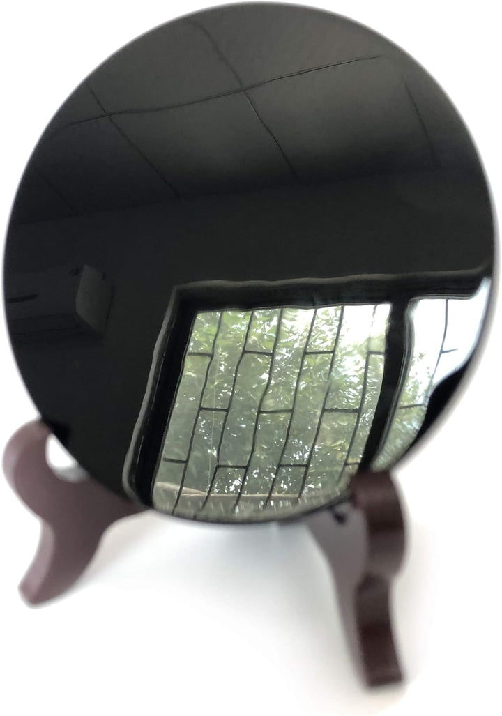 Polar Jade Schwarz Obsidian Wahrsager Spiegel (100 mm / 4" mit Holzständer) 10L x 10B cm, 10L x 10B