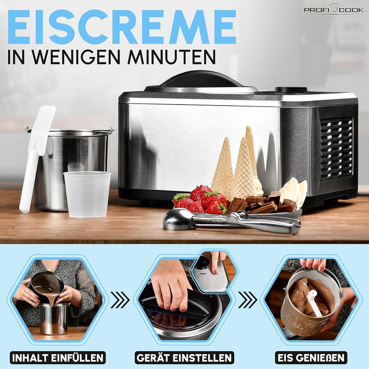 ProfiCook Eismaschine und Joghurtbereiter | Eis in 20 min. | für bis zu 1500ml | Eismaschine mit Kom
