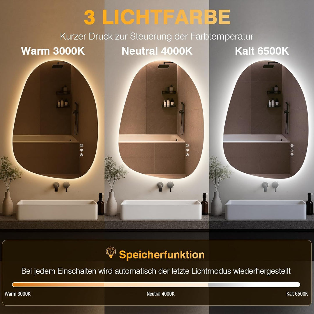Asymmetrischer LED-Badspiegel mit Beleuchtung 83x60 cm, Beschlagfrei, 3 Lichtfarben Einstellbare Spi
