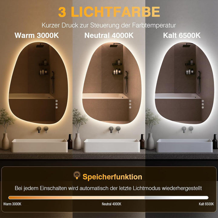 Asymmetrischer LED-Badspiegel mit Beleuchtung 83x60 cm, Beschlagfrei, 3 Lichtfarben Einstellbare Spi