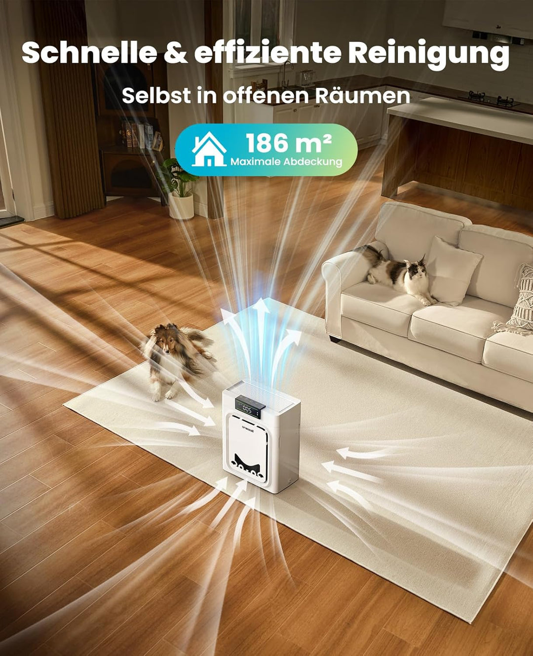 oneisall Luftreiniger mit Waschbare HEPA-Filter, CADR 320m³/h, 204m², 20dB Leise Air Purifier für Al