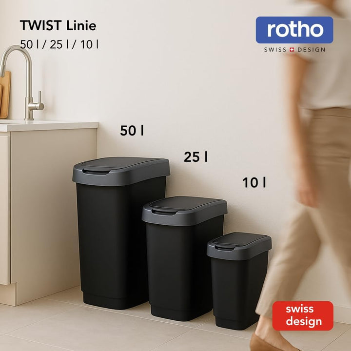 Rotho Twist Mülleimer-Set, 3 Stück, mit Klappdeckel, BPA-frei, schwarz/silber, 10L, 25L und 50L