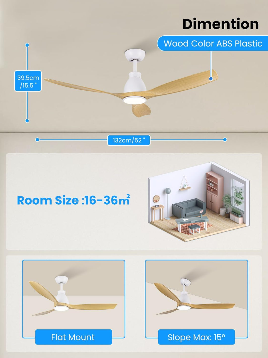 Newday DC Motor Deckenventilator mit LED Beleuchtung Fernbedienung Leise, 132cm Deckenventilator Hol