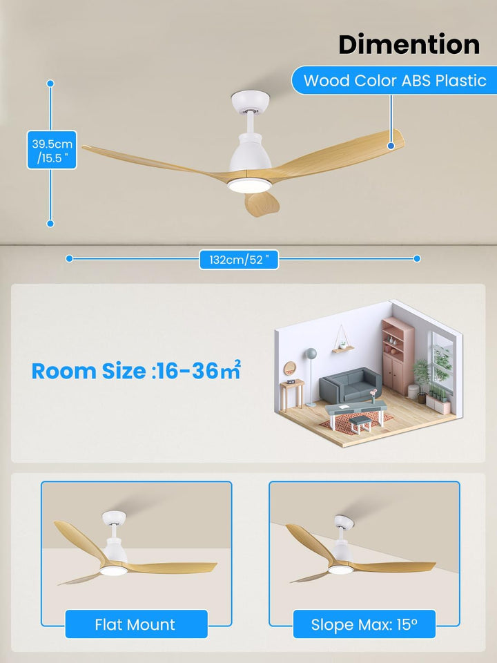 Newday DC Motor Deckenventilator mit LED Beleuchtung Fernbedienung Leise, 132cm Deckenventilator Hol