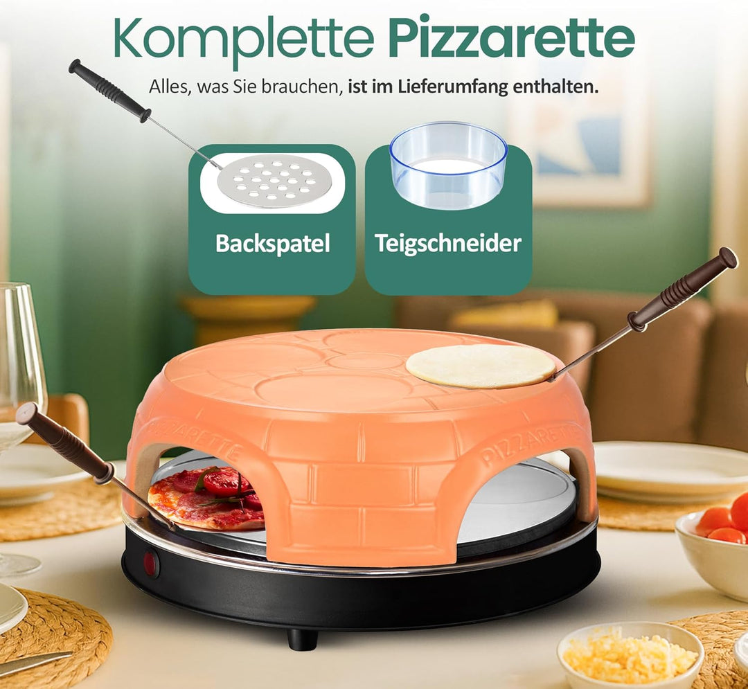 Emerio Pizzaofen, PIZZARETTE das Original, handgemachte Terracotta Tonhaube, neues PRE-BAKE Design,