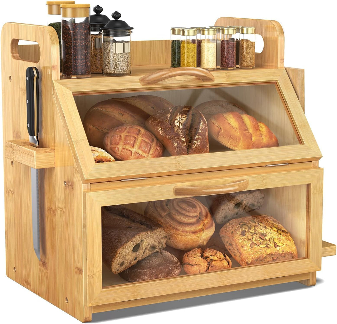 BAMBANG Extra Grosses Brotkasten, 2 Etagen Bambus Brotbox für Küchen, Holz Brotbehälter mit Werkzeug