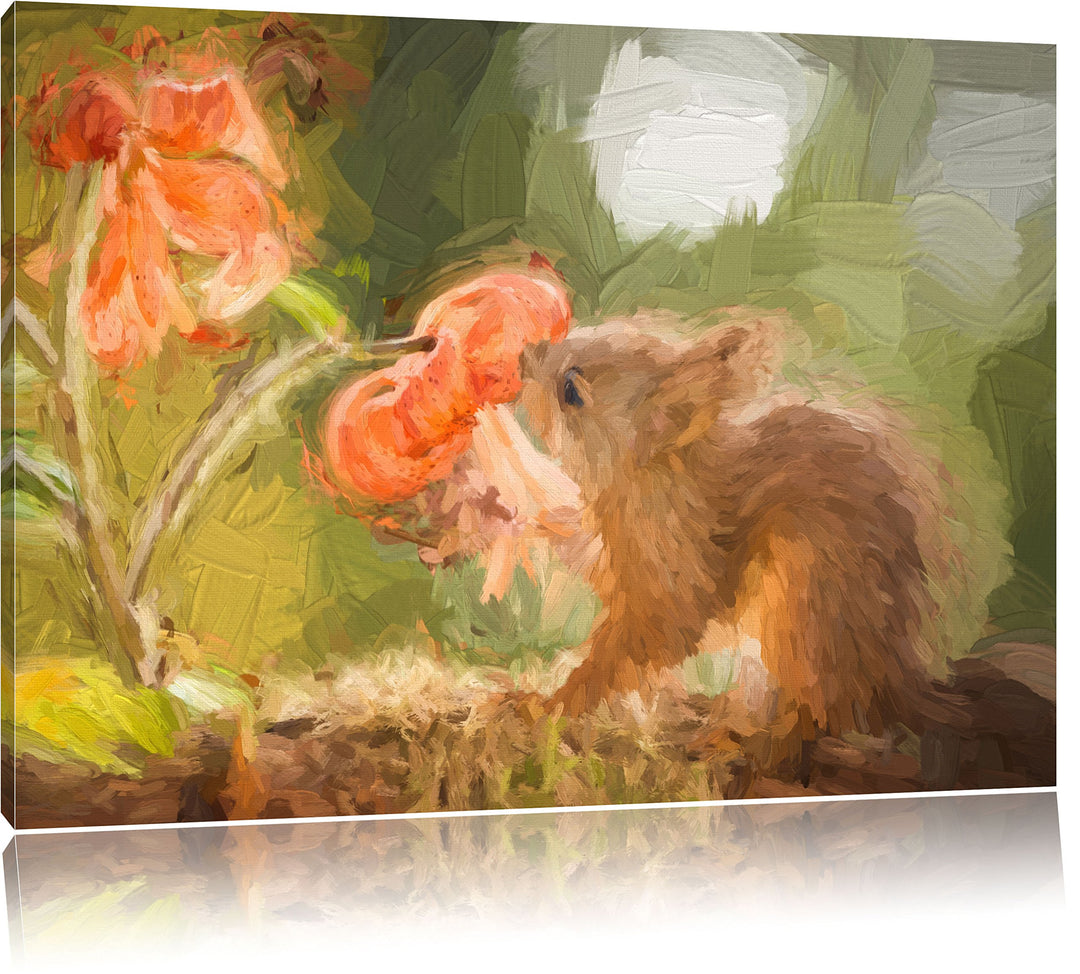 Pixxprint Eichhörnchen riecht an Einer Blume als Leinwandbild/Grösse: 100x70 cm/Wandbild/Kunstdruck/