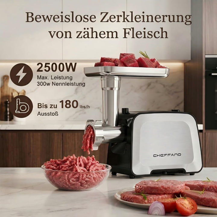 Elektrischer Fleischwolf 2800W[Max], Edelstahl Fleischmühle mit 2 Klingen, 3 Lochscheiben, Wurstfüll