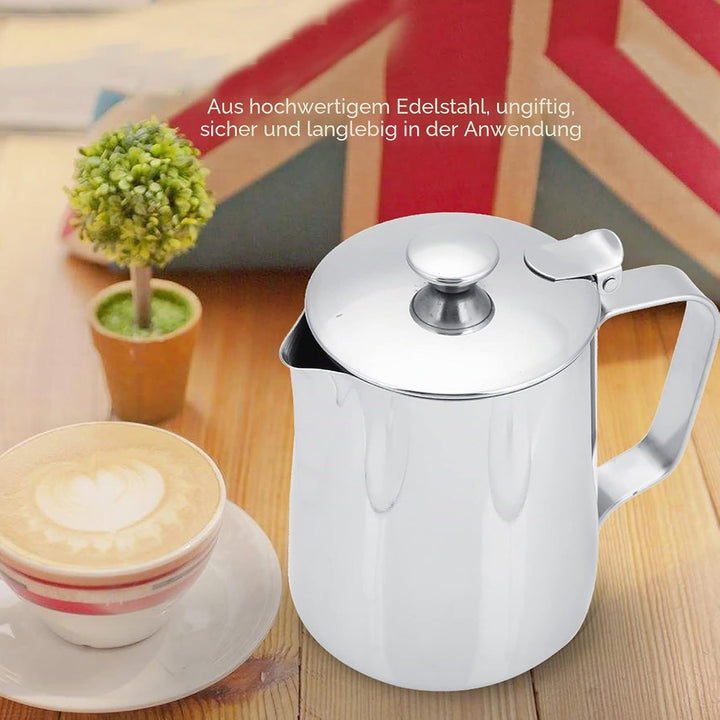 Ejoyous Milchkännchen Edelstahl, Milch Aufschäumer Kännchen mit Deckel, Handheld Milchkanne für Capp