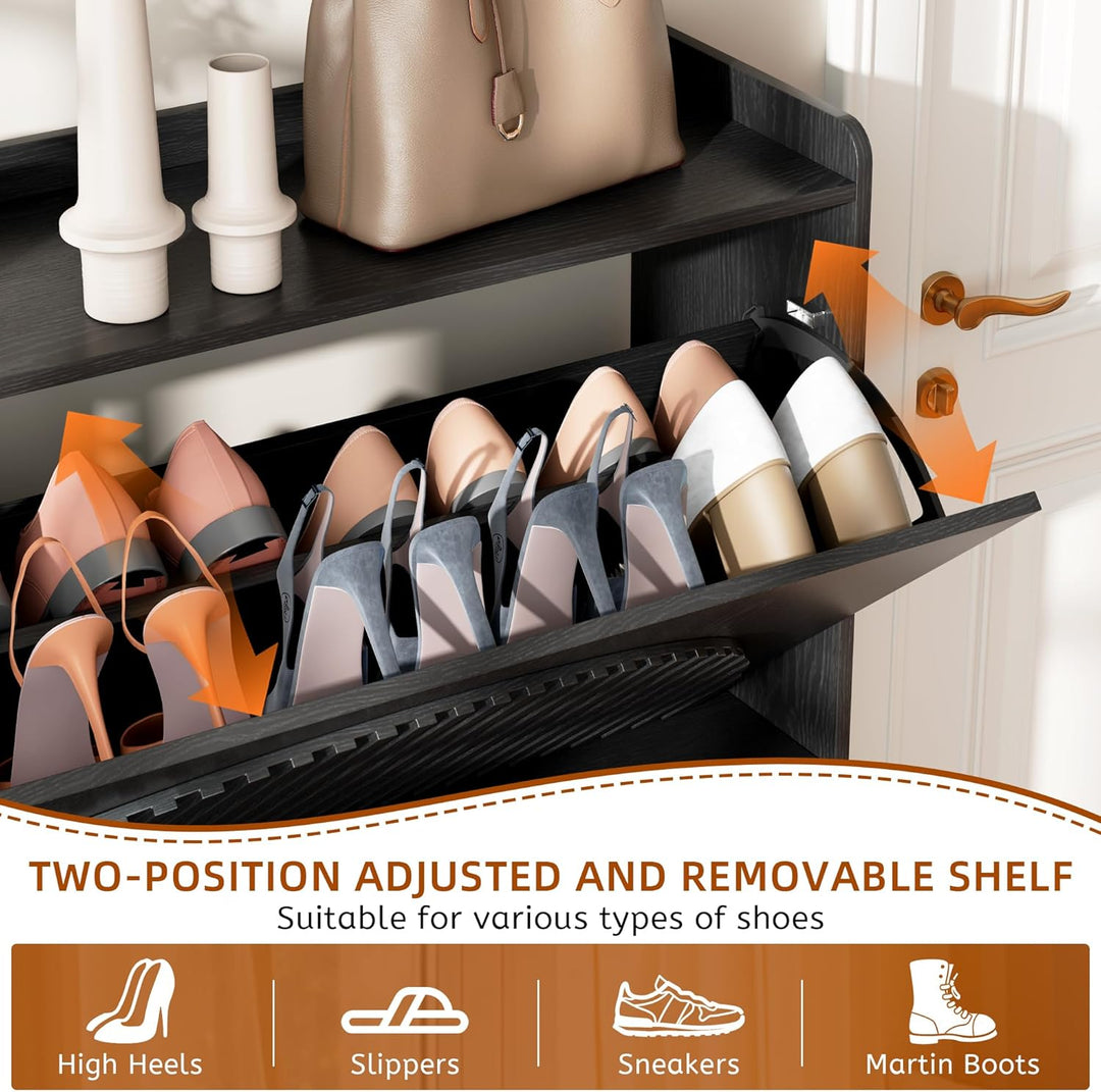 Vlsrka Geriffelte Schuhschrank Schmal Holz, Moderner Schuhkipper mit 2 Klappen, Schuhkipper schmal m