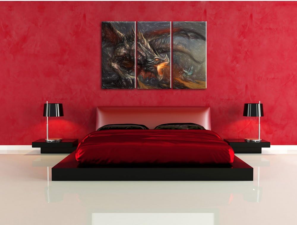 Pixxprint Kampf zwischen Mensch und Drache Bunstift Effekt 3-Teiler Leinwandbild 120x80 Bild auf Lei