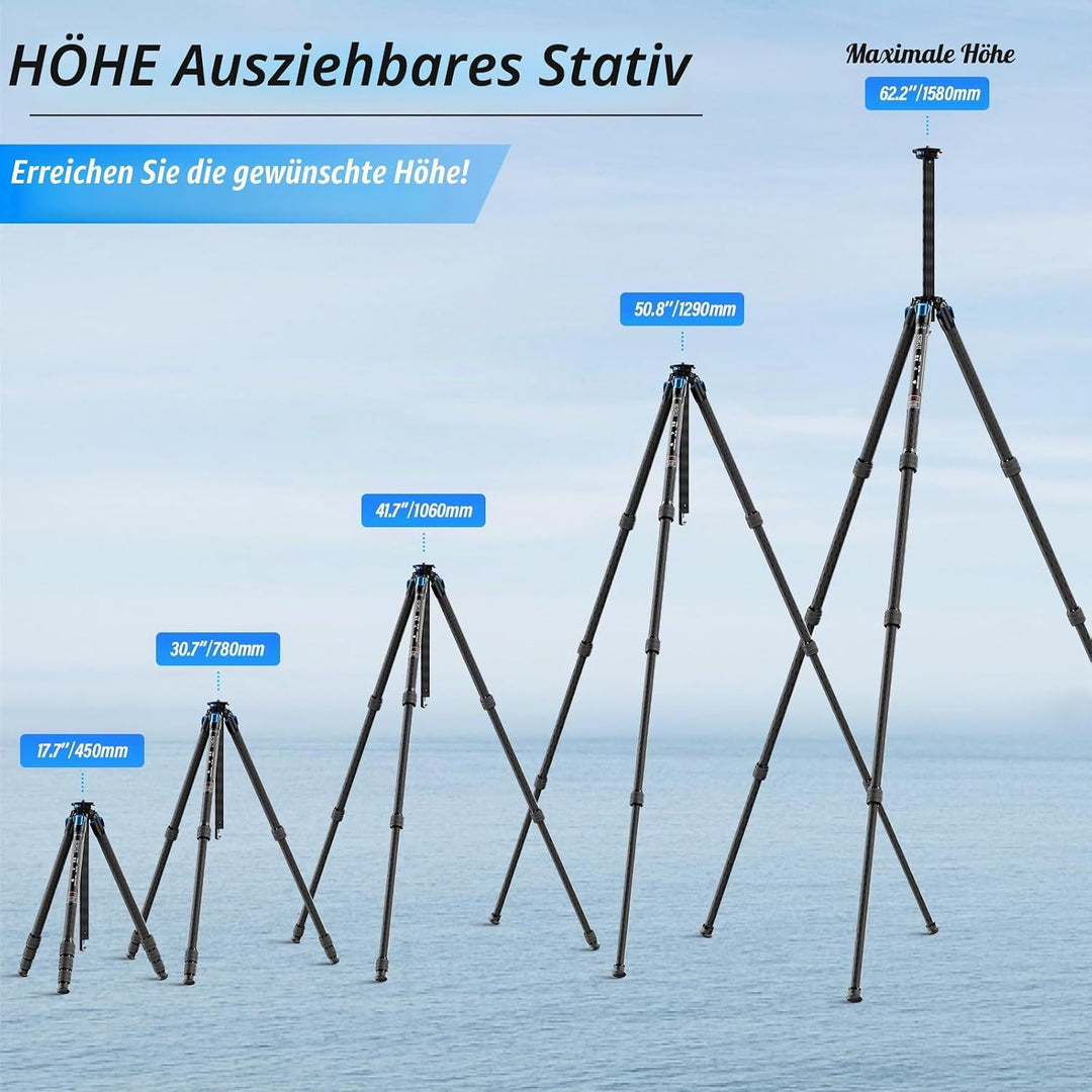 SIRUI AM124 Stativ Carbon Kamera mit dreieckiger Mittelsäule, leichtes Reisestativ Dreibein-Stative
