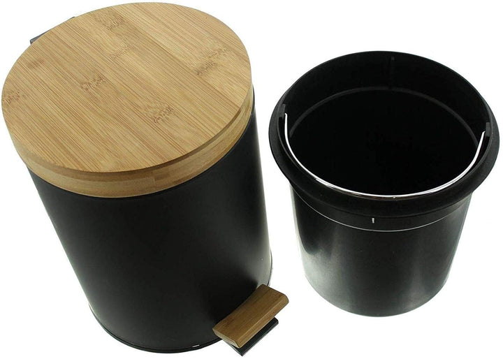 Dekoleidenschaft Treteimer matt-schwarz mit Deckel aus Bambus Holz, Bioeimer, Küchen-Abfalleimer, Ko