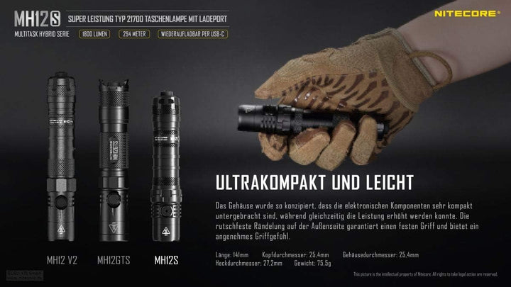 NITECORE LED Taschenlampe MH12S - Leuchtleistung max. 1.800 Lumen - 141 mm lang - Per USB-C aufladba