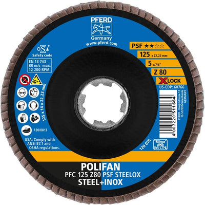 PFERD Fächerscheibe POLIFAN, 10 Stück, 125mm, Z80, X-LOCK (22,23 mm), PSF STEELOX, 67668126 – für ho