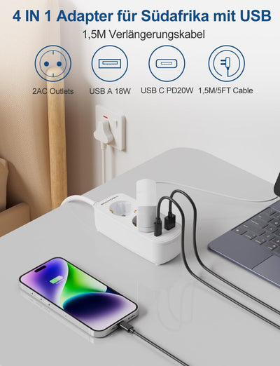 Adapter für Südafrika mit PD20W USB Schnellladegerät, Reisestecker Namibia, Reiseadapter Südafrika,
