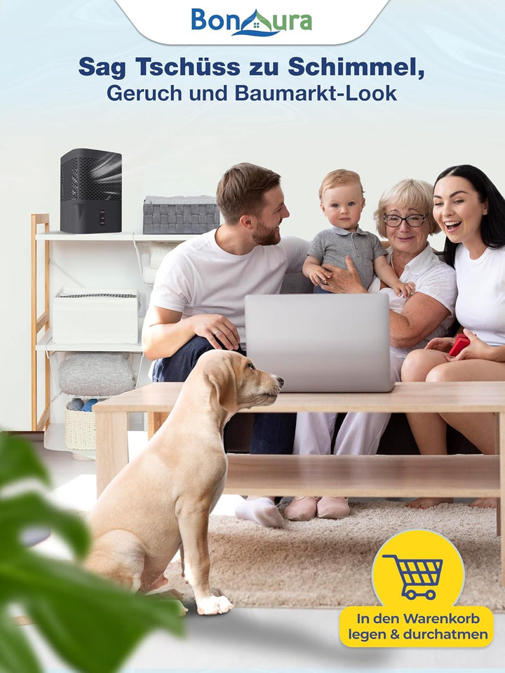 BonAura® AirOne Luftentfeuchter ohne Strom mit 360° Belüftung I Raumentfeuchter mit Ausgiesser & 680