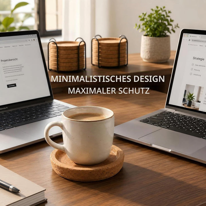 10 Stück Korkuntersetzer Rund mit Rand &amp; Metallhalter