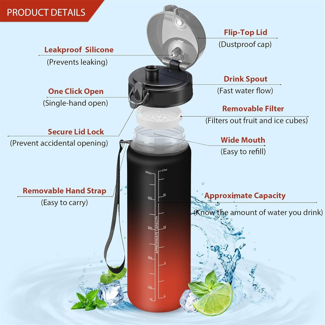 HoneyHolly Trinkflasche Sport, Auslaufsicher 500ML, Trinkflasche kinder, Motivierende mit Zeitmarkie