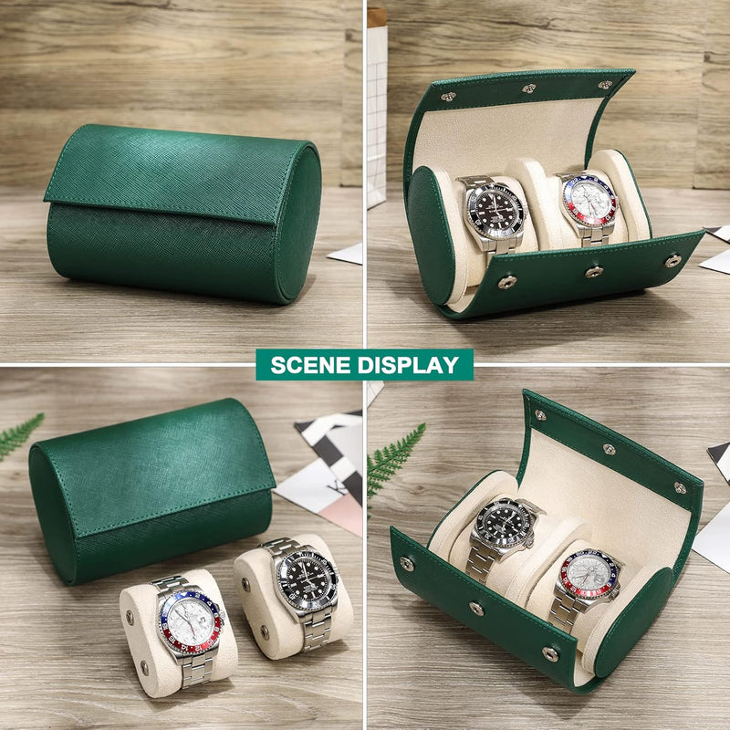 Hiram Uhrenkoffer aus echtem Leder für 2 Uhren, handgefertigt, echtes Saffiano-Leder, Reiseuhr, trag