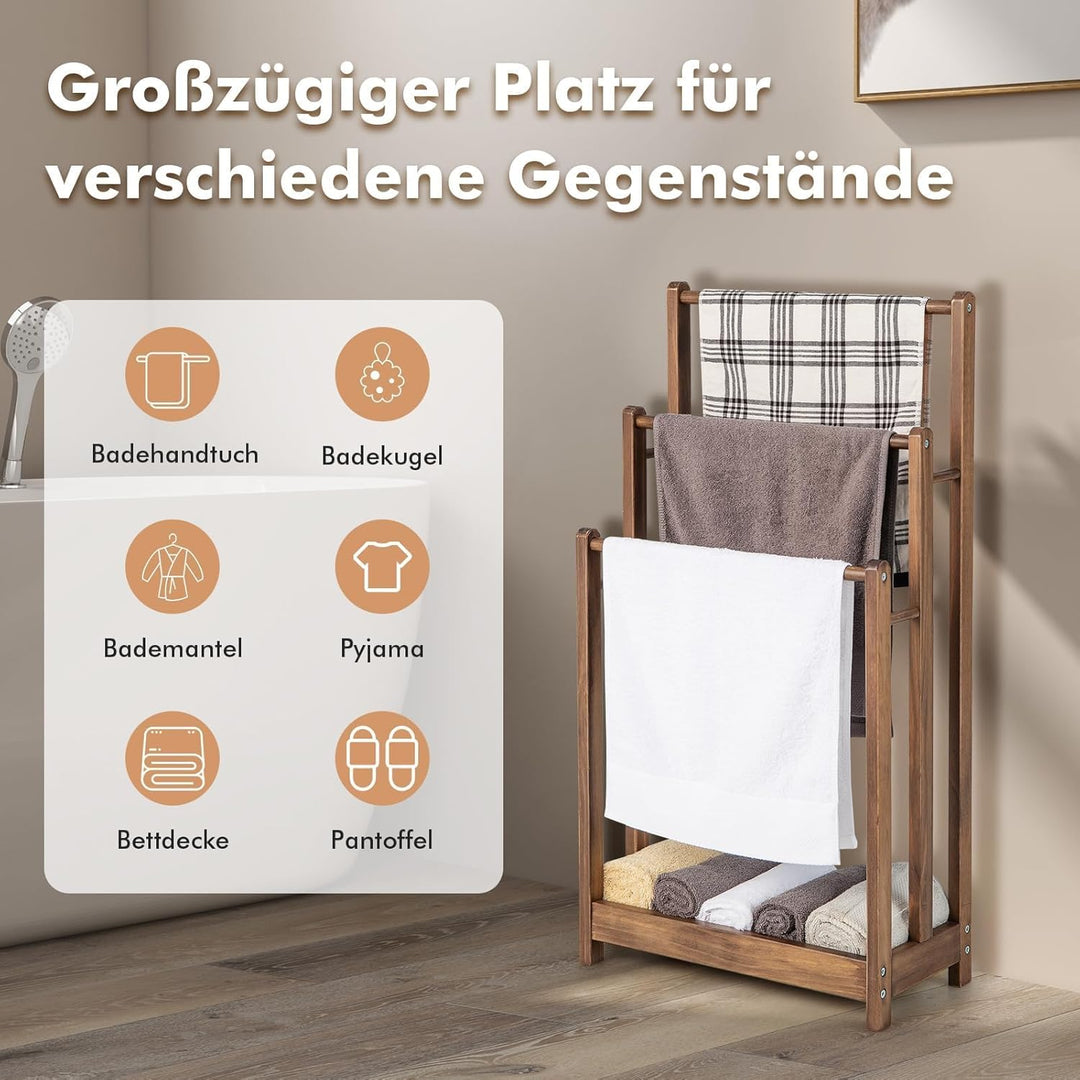 COSTWAY Handtuchständer freistehend, Handtuchhalter Holz mit 3 Handtuchstangen & unterer Ablage & Ki