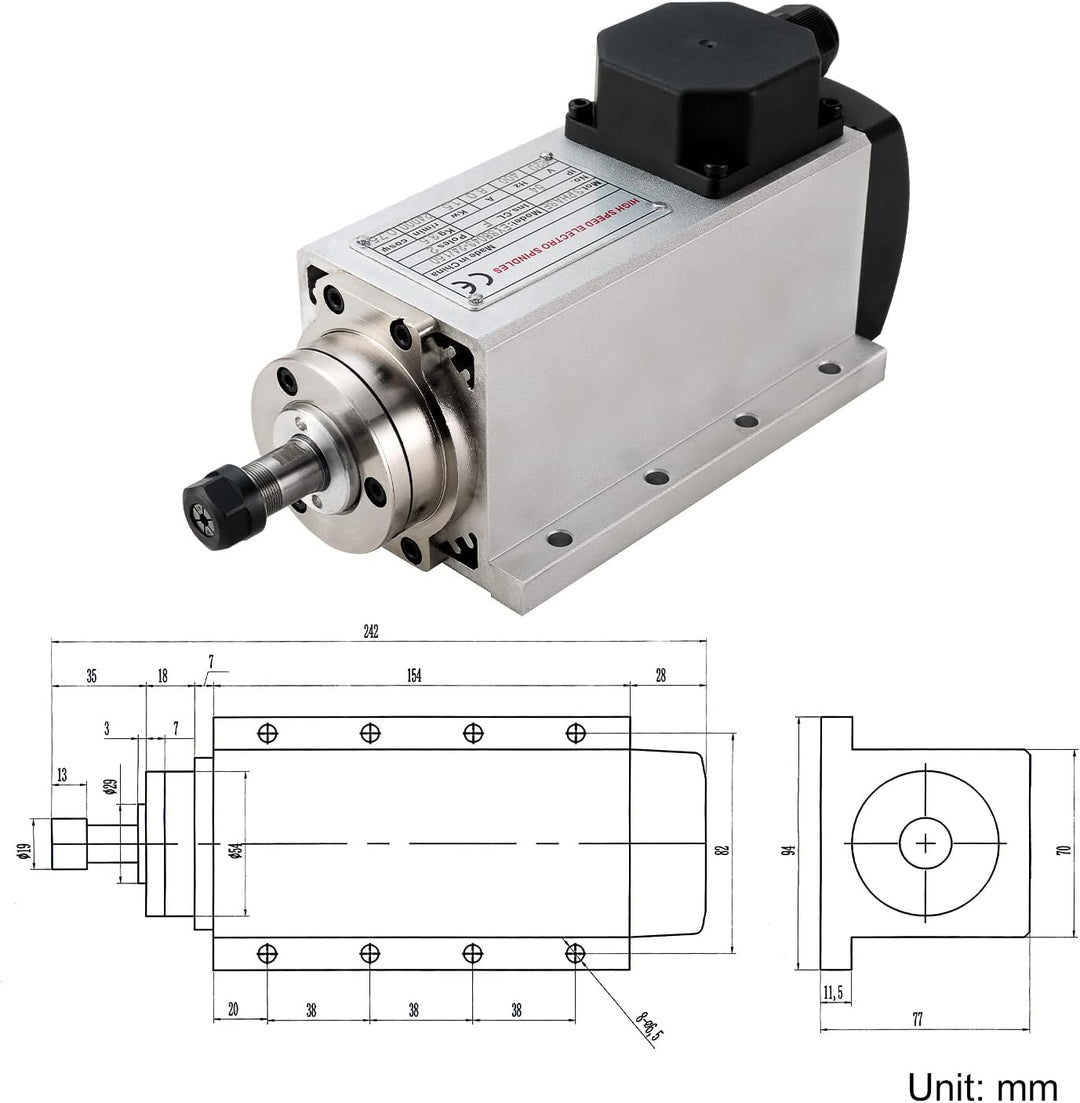CNC Spindelmotor 220 V 1,5 kW 1500 W ER16 Spannzange Vierkant Luftgekühlter Spindelmotor 4 Lager 240