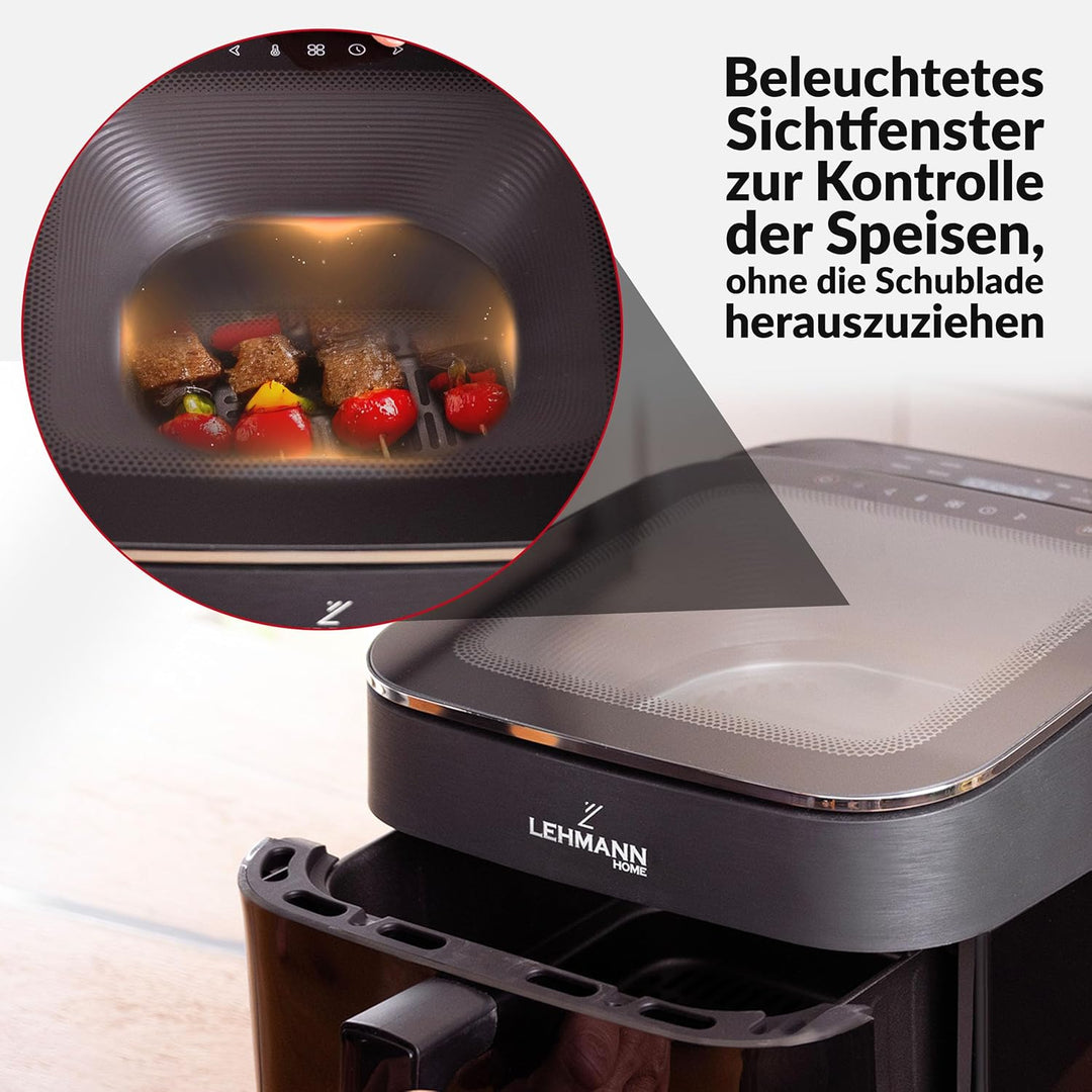 LEHMANN XL Heissluftfritteuse 6,5L, Airfryer mit oberem Panorama-Sichtfenster & Beleuchtung, Touchdi