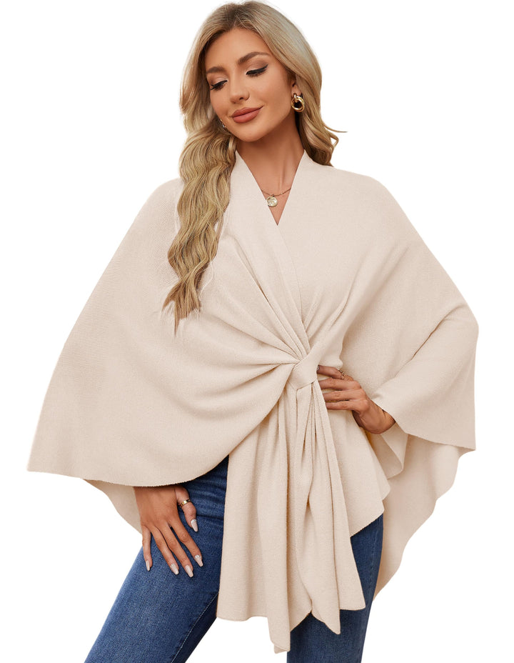 PULI Damen Elegant Poncho Strick Ponchos Capes Vorne öffnen Vielseitige Schalwickel mit Lasche Beige