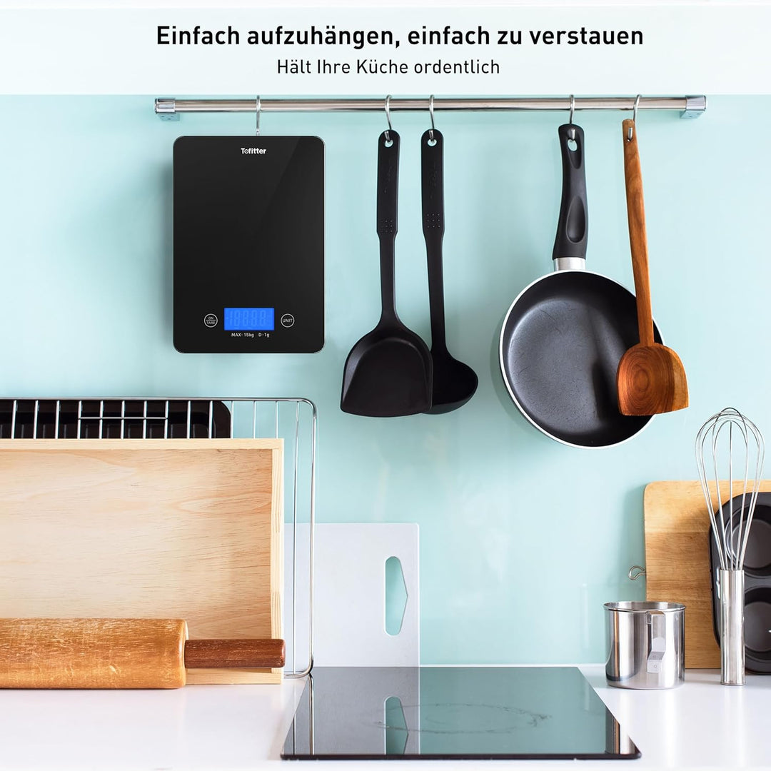 Digitale Küchenwaage, Lebensmittelwaage, 15 kg, hohe Genauigkeit, 1 g, USB wiederaufladbar, 2 AAA-Tr