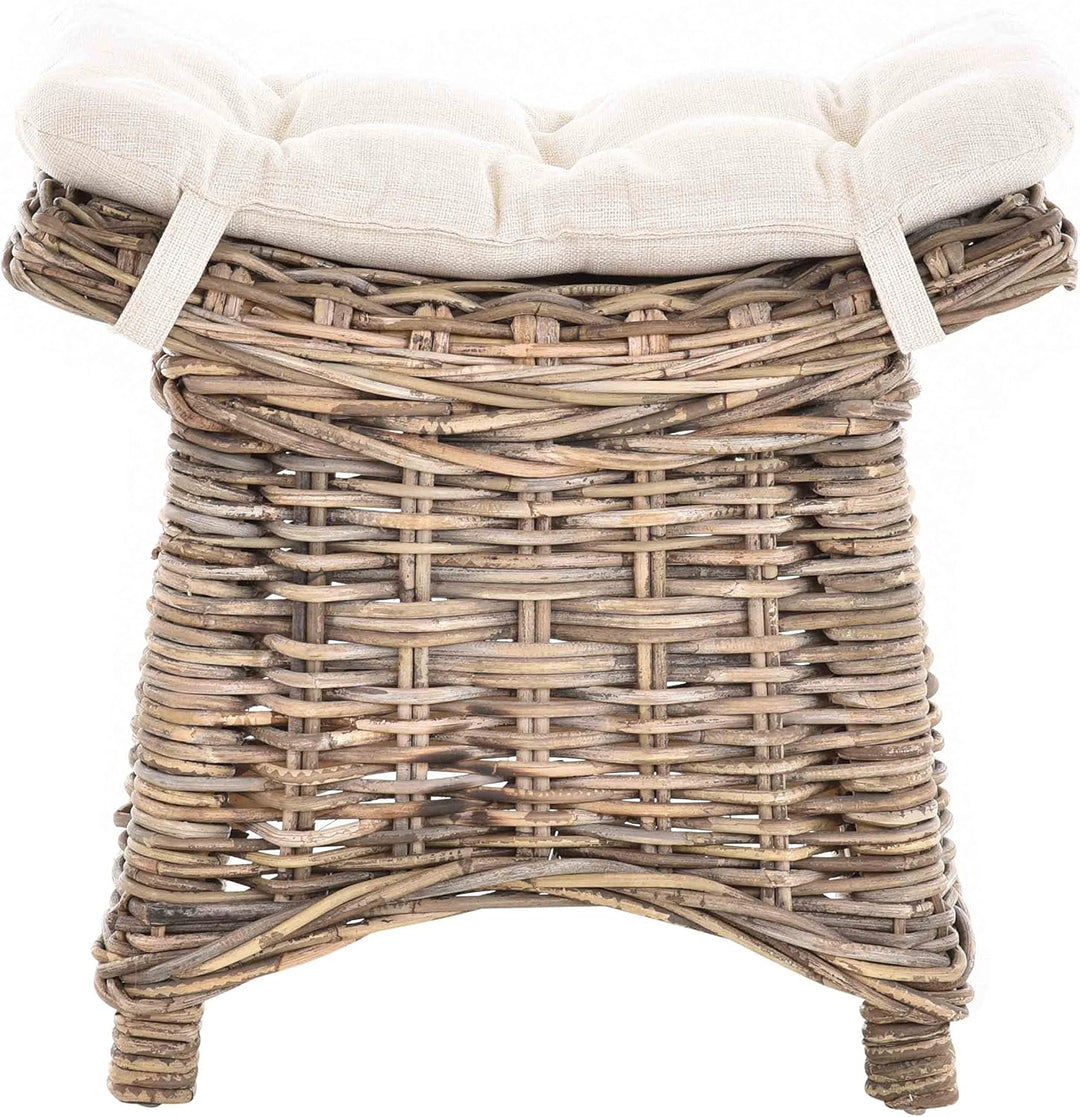 Fusshocker mit geschwungener Ablage, Stabiler Sitzhocker/Schemel/Hocker aus echtem Rattan mit Kissen